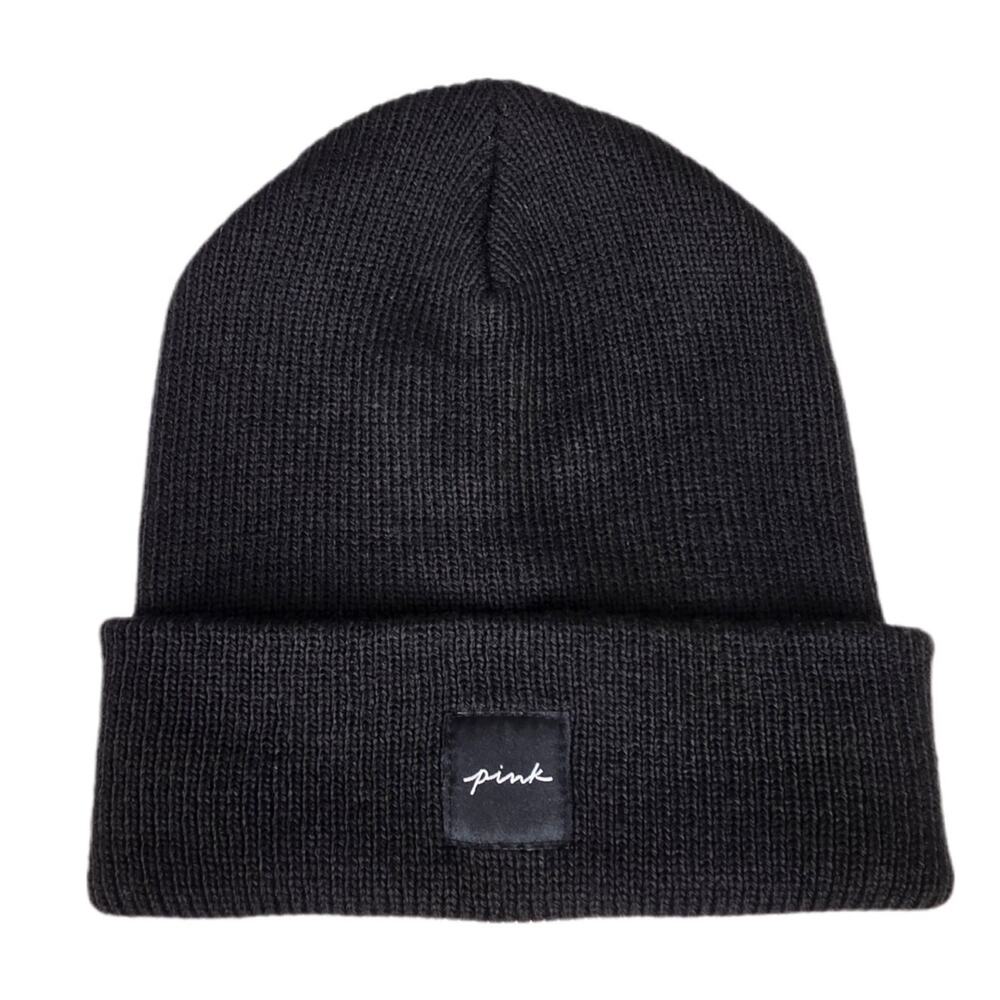 PINK VICTORIA’S SECRET RIB‑KNIT BEANIE – BLACK – CUFFED – FRONT LOGO TAG